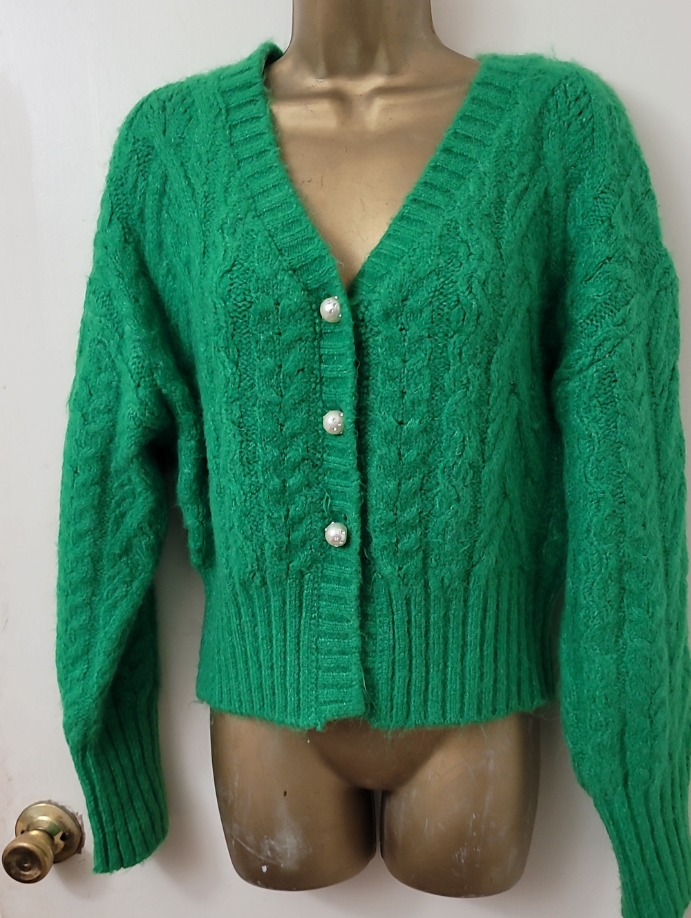 Zara Emerald Green Cable Knit Cardigan with Pearl Buttons